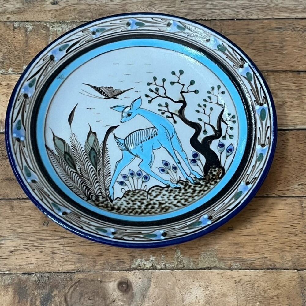 Ken Edwards Hand-Painted Stoneware Wall Plate 6.5" Blue Deer Mexican Folk Art